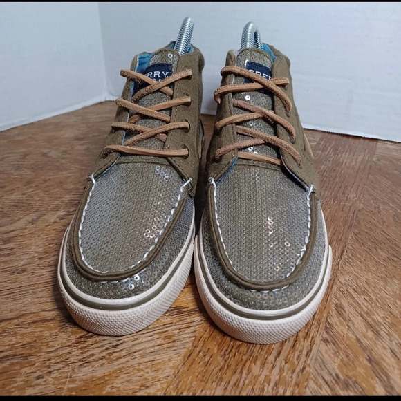 Sperry Womens Top-Sider Shoes Sz 5.5 Sequins Olive Green Hightops Lace Up. - Picture 4 of 9